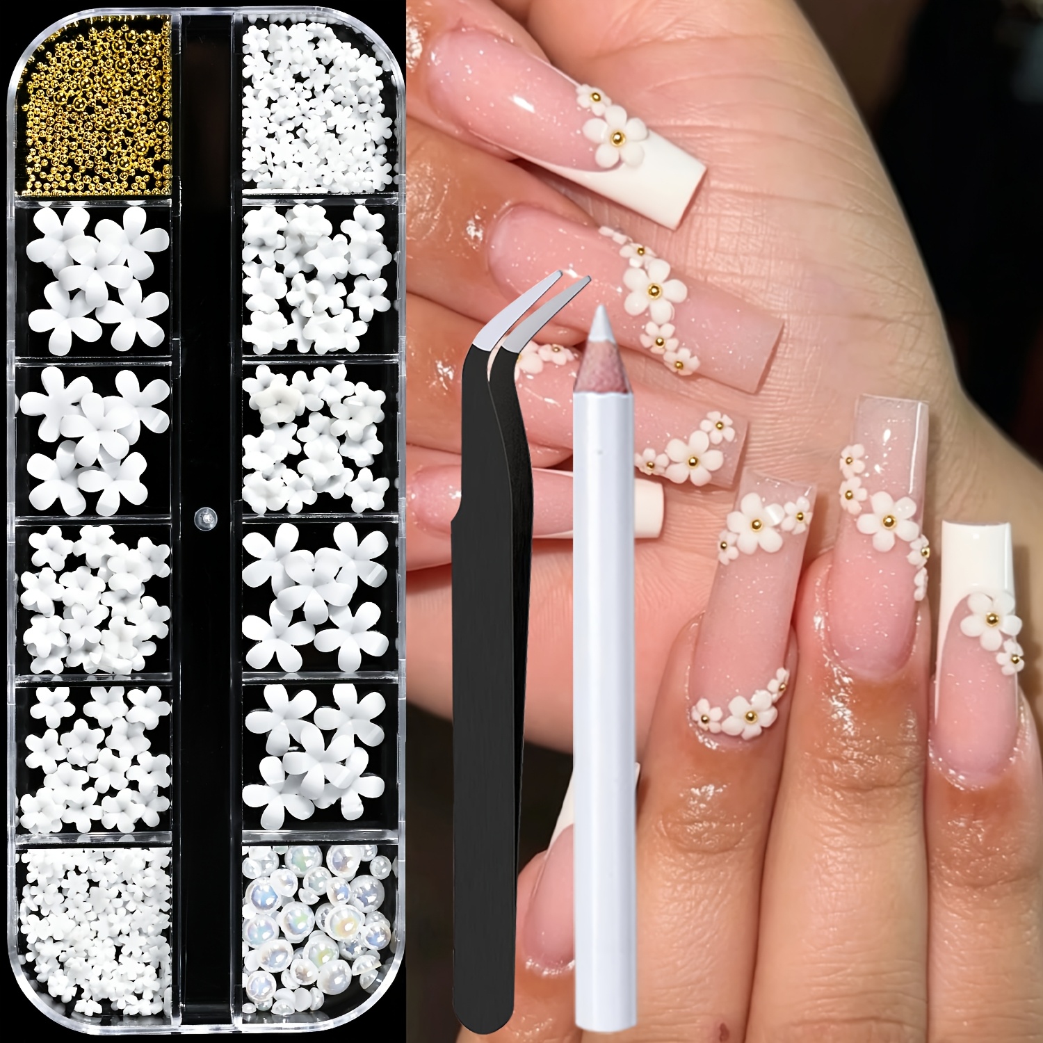 TEMU Acrylic Flower Nail Art Charms Set, 12 Grids Mixed Size 5-petal Floral Nail Decorations With Beads, Iridescent Pearls, Tweezers And Wax Pencil