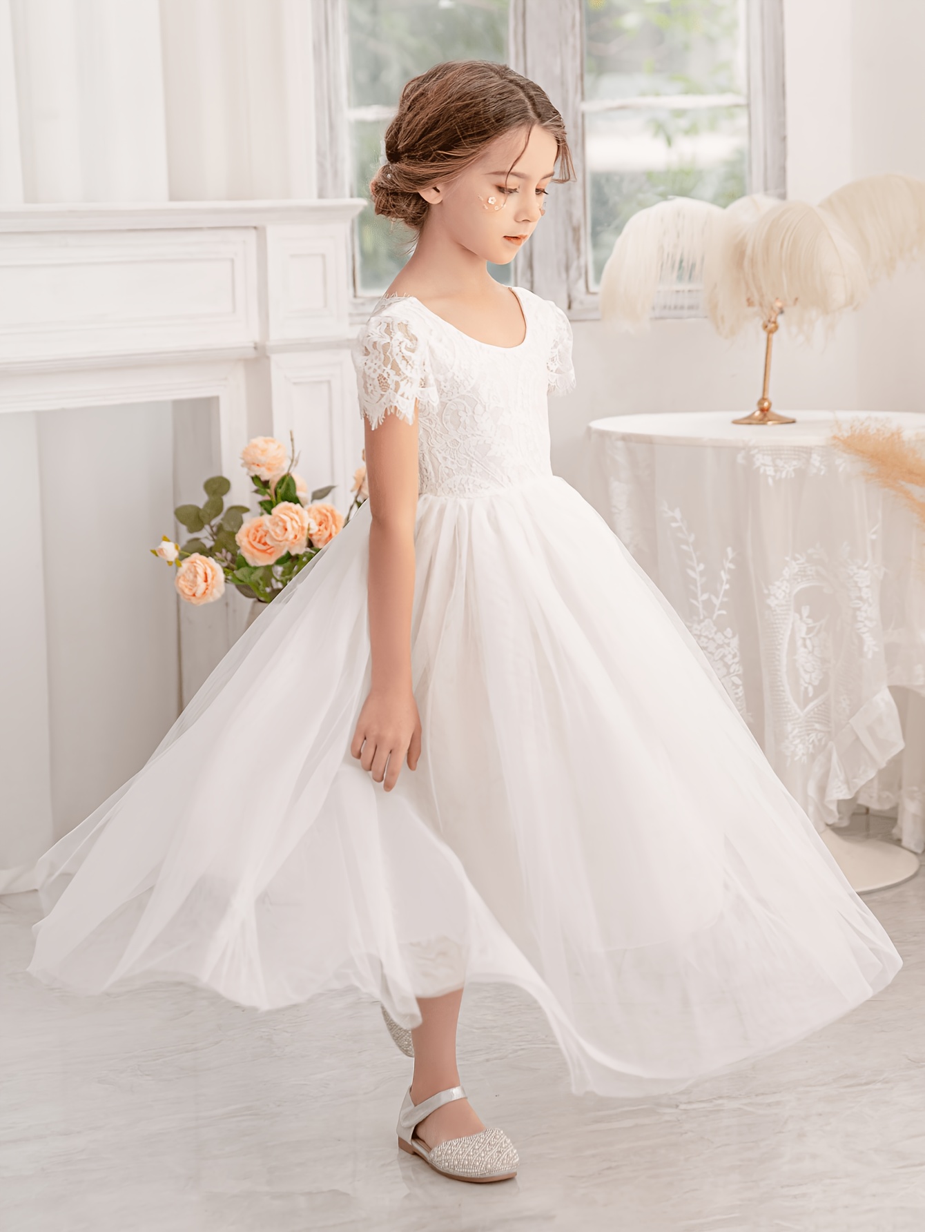 young girl white lace v neck puff mesh dress - Temu Mauritius