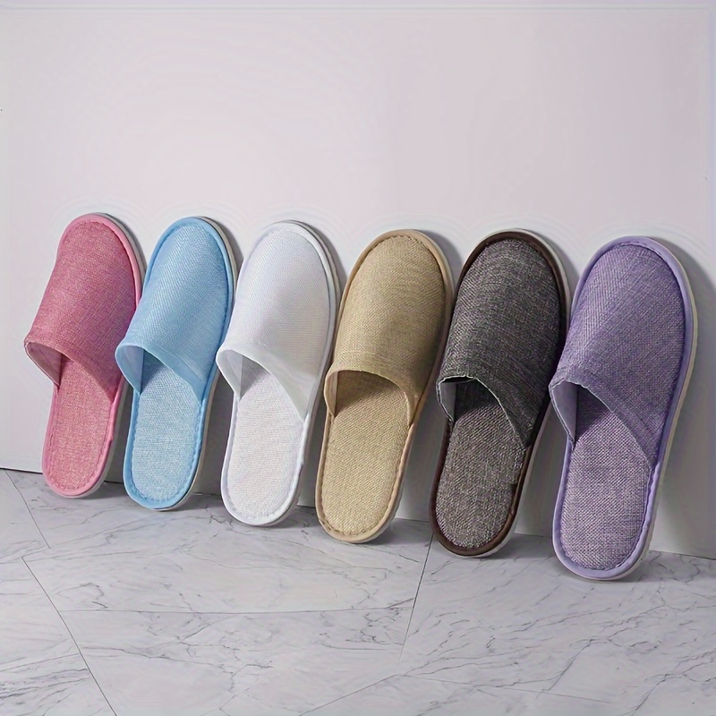 

Casual Solid Color Slip-on Slippers - 6 Pairs Pack, All-season Fabric And Flax Upper, Flax Insole, Comfy Eva Sole - Non-washable Guest Slippers From For Home, Travel, Hotel Use