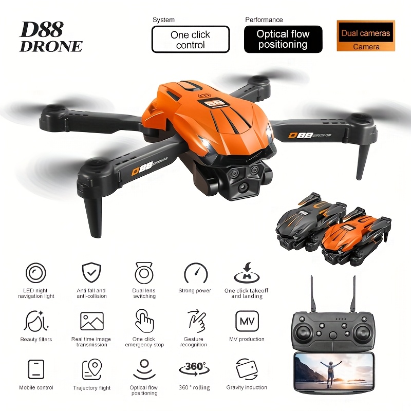 Drone D88 z Podwójnymi Kamerami, Inteligentne Unikanie Przeszkód, Składany z Ochroną Antykolizyjną, GPS-less, Hovering Optical Flow, Ładowanie USB, RC Quadcopter dla Początkujących, Lekki FPV Racing Drone dla Dorosłych i Dzieci, Prezent na Urodziny/Swiatki (Czarny/Pomarańczowy) - Idealny do Fotografii Lotniczej & Wyścigów FPV, Trwała Konstrukcja, Design Elegancki, dla Miłośników Technologii