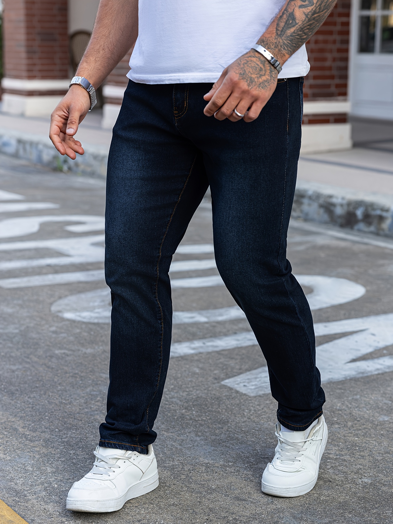 1pc Men'S Classic Stretch Denim Jeans - Casual Slim Fit Regular Length with Built-in Zipper, Medium Waist, Solid Color, All-Season, 270g/m² Fabric Weight, Versatile Solid Color Design