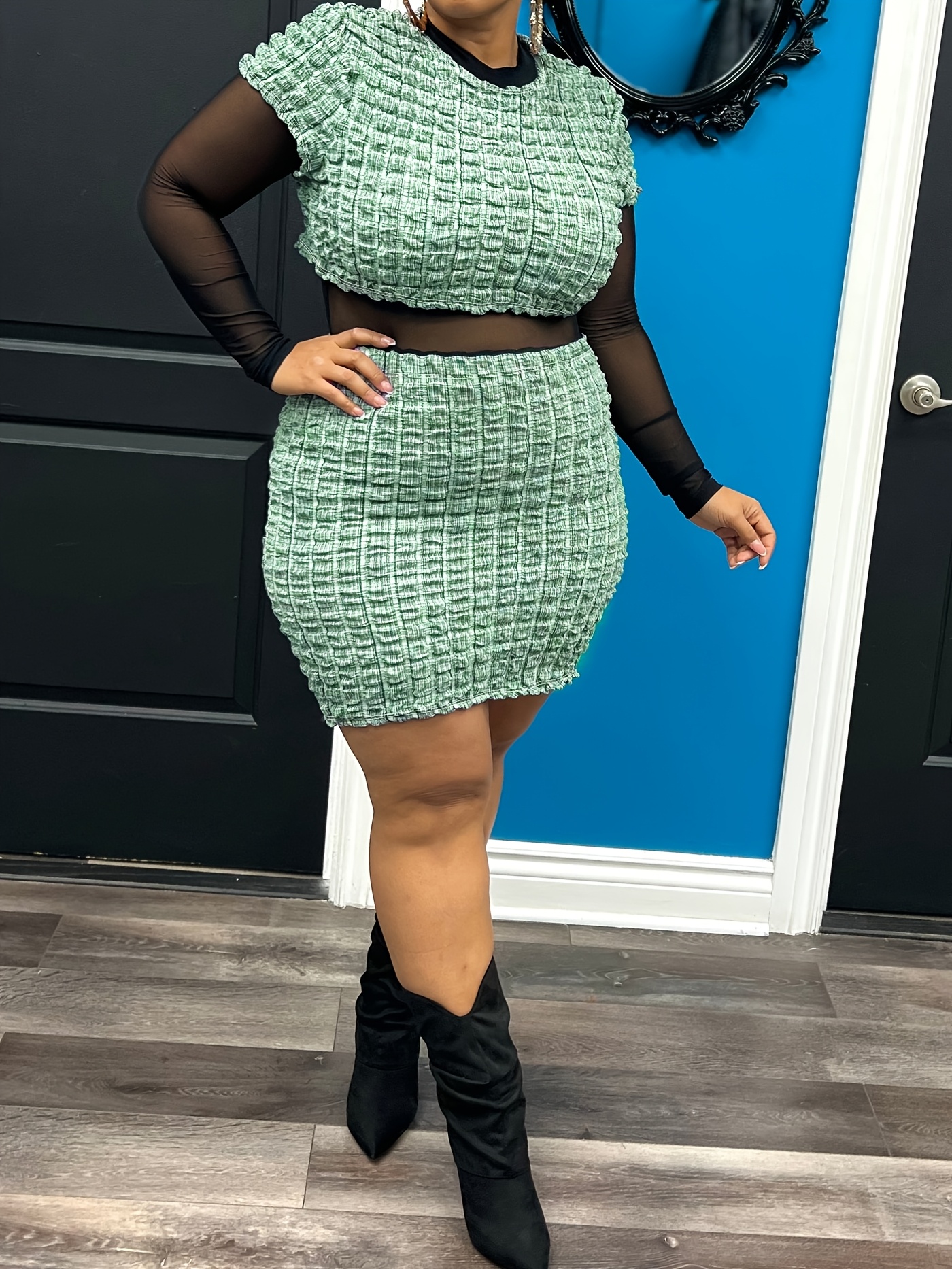 1set Elegant Plus Size Bubble Knit Dress Set, Polyester Round Neck Solid  Color Two-Piece Outfit with Stretch Fabric