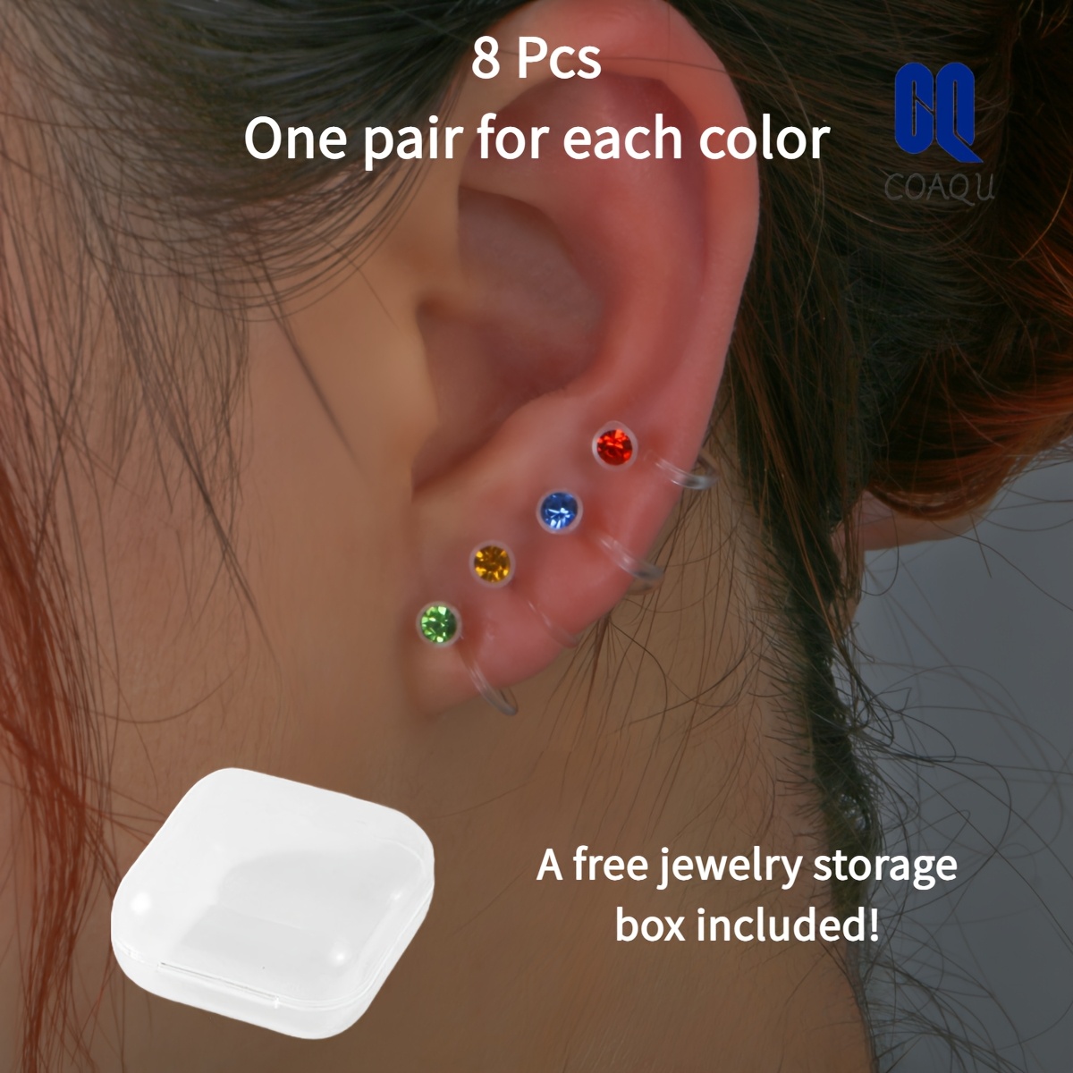 Image of 8pcs Mini Colorful Synthetic 3a Zirconia Clip-on Earrings, No Piercing Needed, Ear-friendly, , Fun And Cute Ear Accessories For Women, Vacation And Date Wear