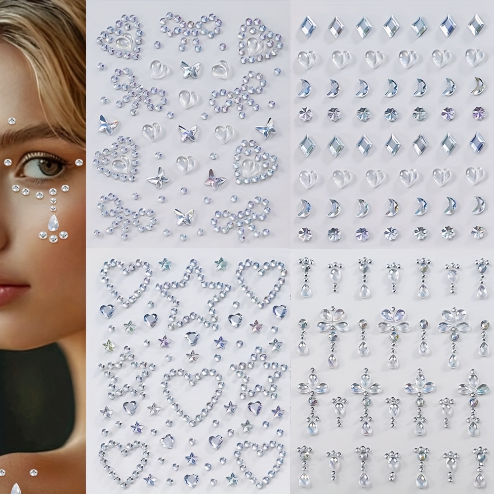 TEMU 4pcs Face Synthetic Gemstones Hair Synthetic Gemstones Set, Star And Moon Self-adhesive Face Jewels Rhinestones Diy Face Synthetic Gemstones