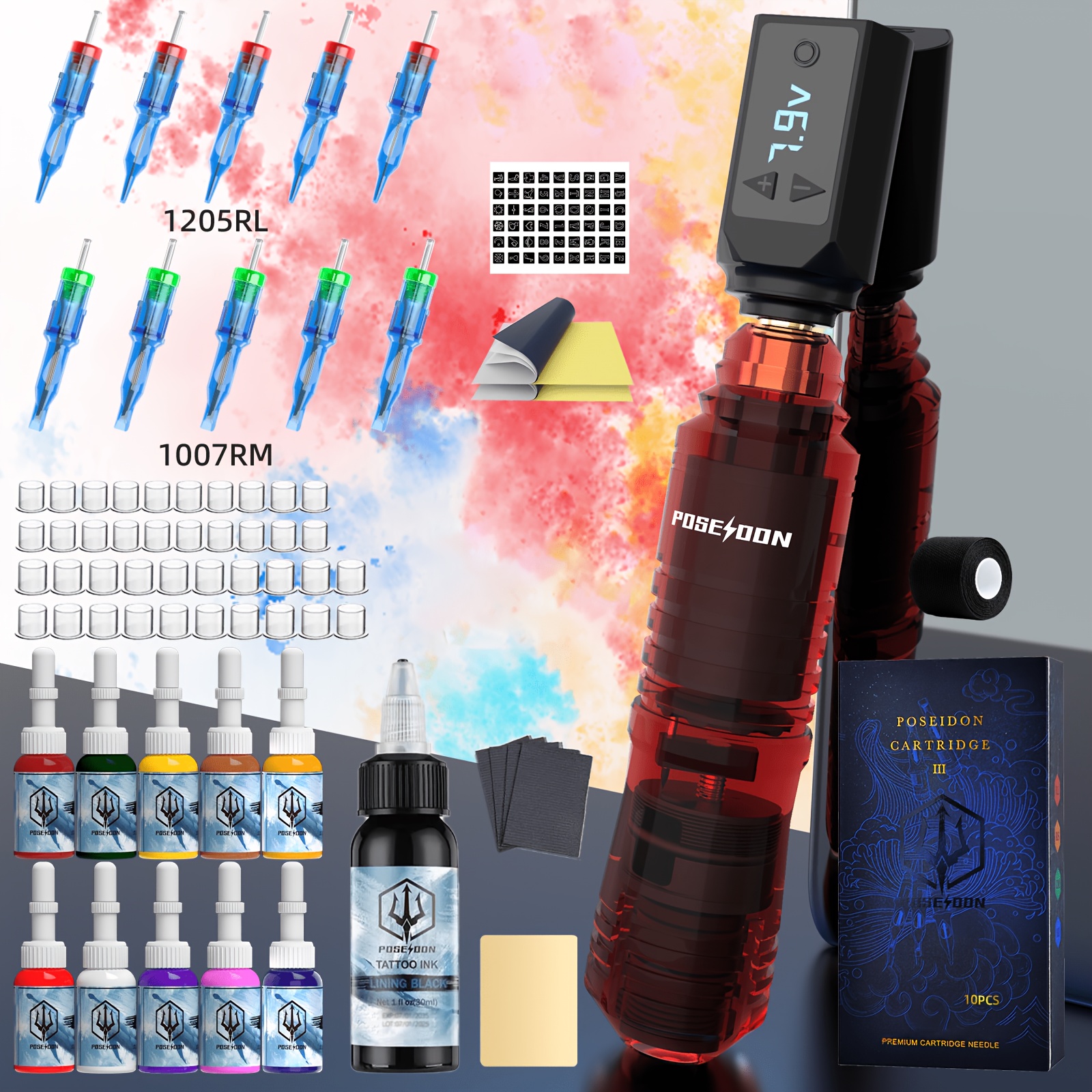 Image of Poseidon Wireless Tattoo Pen Set, Including A Tattoo Gun, Power Supply, And 10 Tattoo Cartridge Needles, Practice Tattoo Practice Ink For Fake Artificial Skin, A Kit For Tattoo .