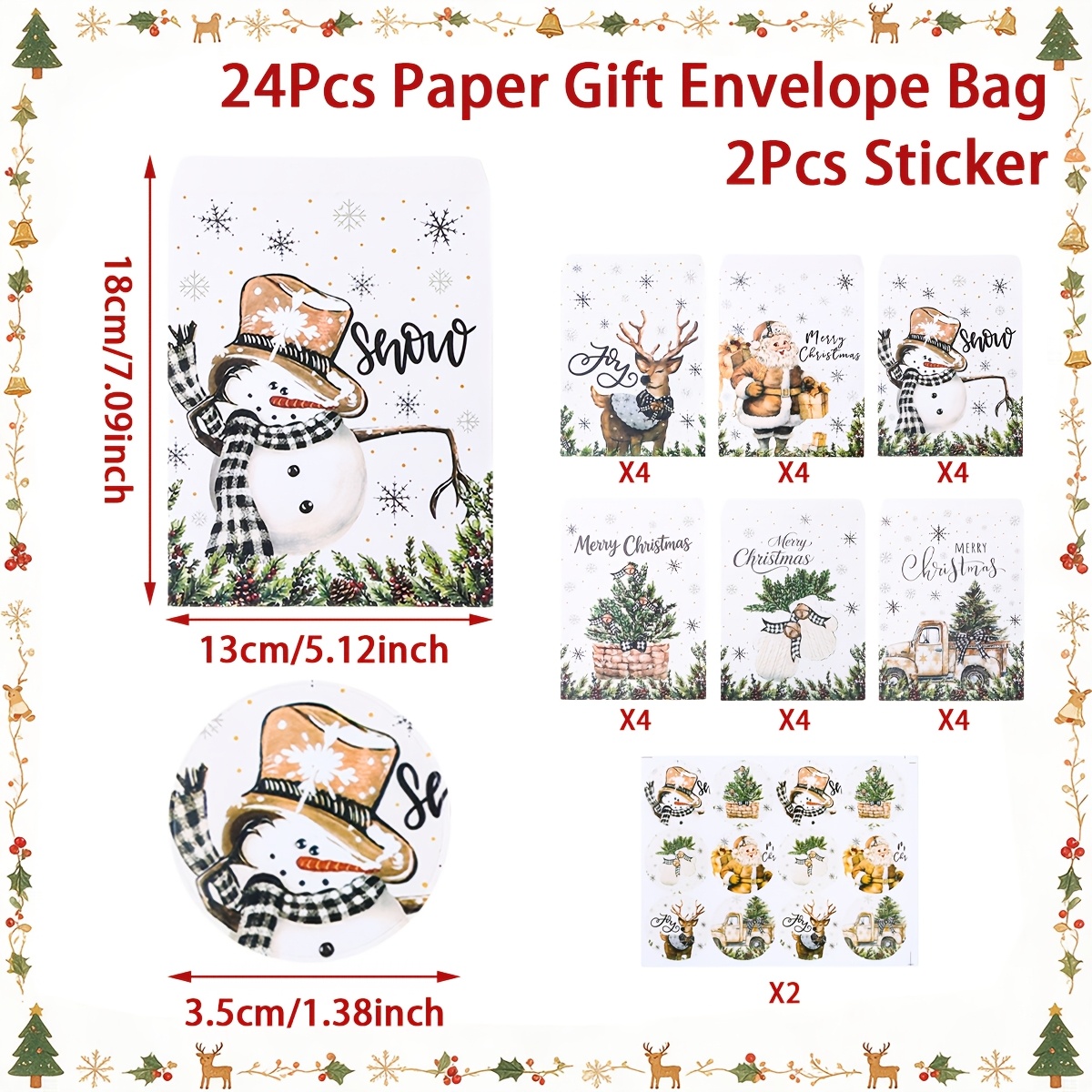 Image of 24pcs Paper Gift Envelope Bags And 2pcs Stickers, Gift Bags, Retro Christmas Pattern Paper Envelope Bags, Merry Christmas Party Supplies, Decorations, Christmas Table Decor, Xmas Favors