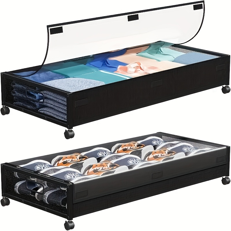 TEMU 2 Pack Under Bed Storage With Wheels, Underbed Storage Containers With Clear Lids - Rolling Drawers & Bins For Clothes, Shoes, Books, Blankets,