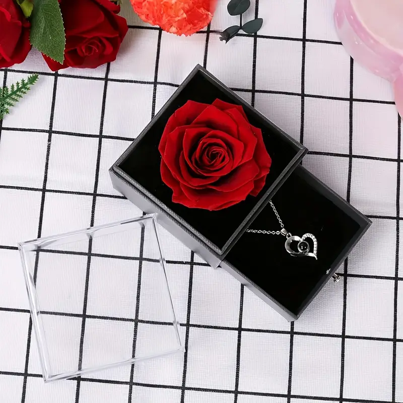 Preserved Real Rose Necklace With I Love You Engraving – Eternal Rose Gift For Mom, Wife, Girlfriend On Valentine’s, Birthday, Anniversary
