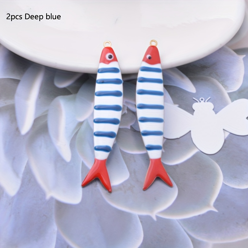 2pcs Copper Striped Fish Charms Long Cute Fish Necklace Earrings Pendant