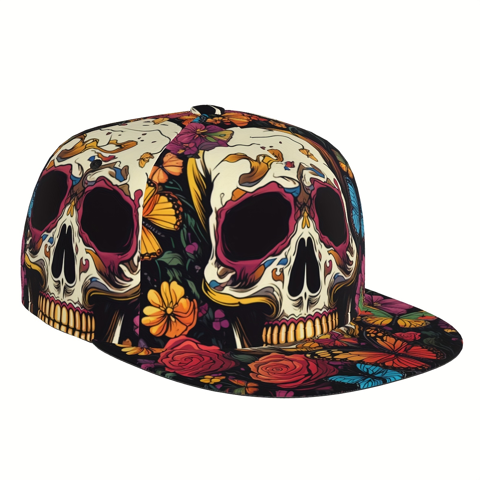 

Punk Gothic Cool Flat Brim Baseball Cap, Colorful Flower & Skull Print Trucker Hat, Hippie Snapback Hat For Casual Leisure Outdoor Sports