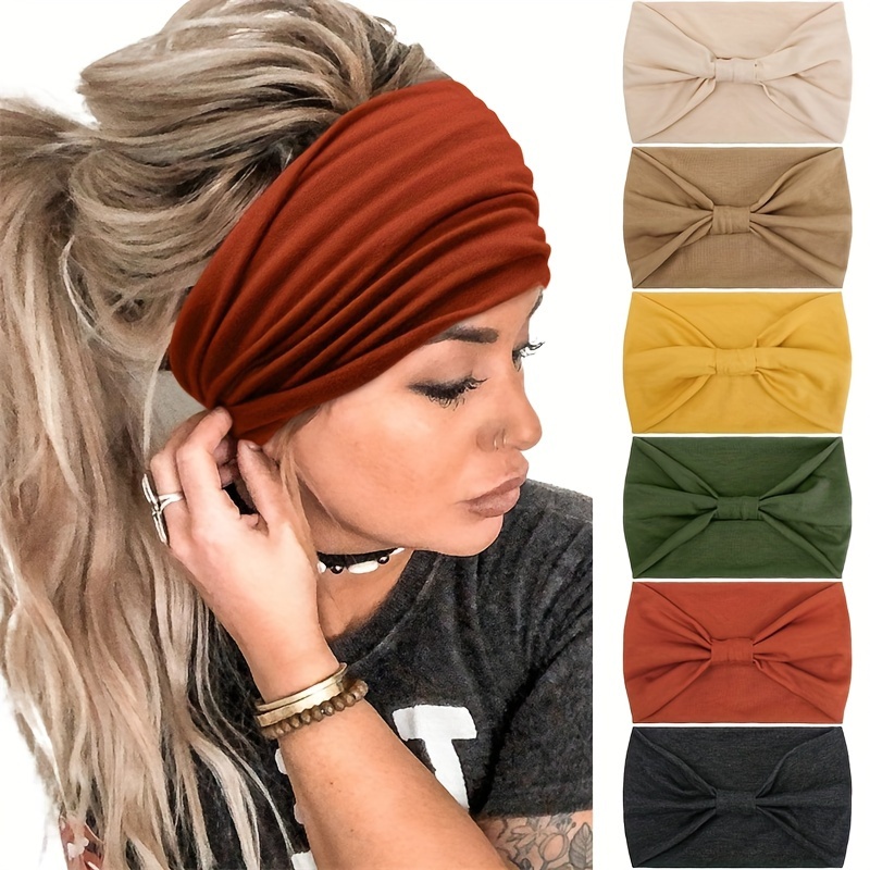 

Boho Chic 6-piece Headband Set For Women - Wide, Knotted, Sweat-wicking Turban Hairbands With Elastic Fit For Yoga & Running