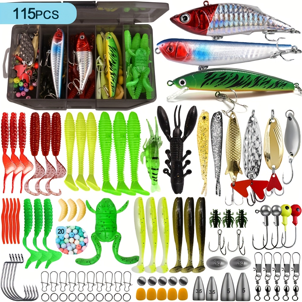 TEMU Ensemble de leurres de pêche 72/115/175/369 pièces, kit de matériel de pêche comprenant des Buzzers, Poppers, Pencil Baits, et pour la truite,