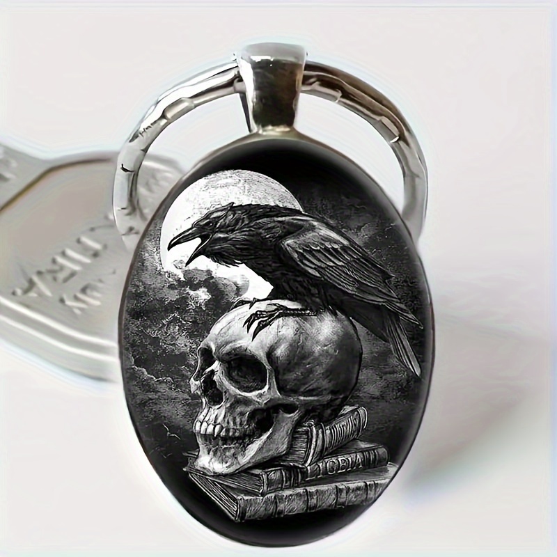 

1pc Vintage Alloy Keychain, Crow & Skull Oval Glass Pendant, Fashion , Animal Pattern Keyring For , Ideal For Wedding, Birthday, Graduation, Holiday, Party, Family Anniversary Gift