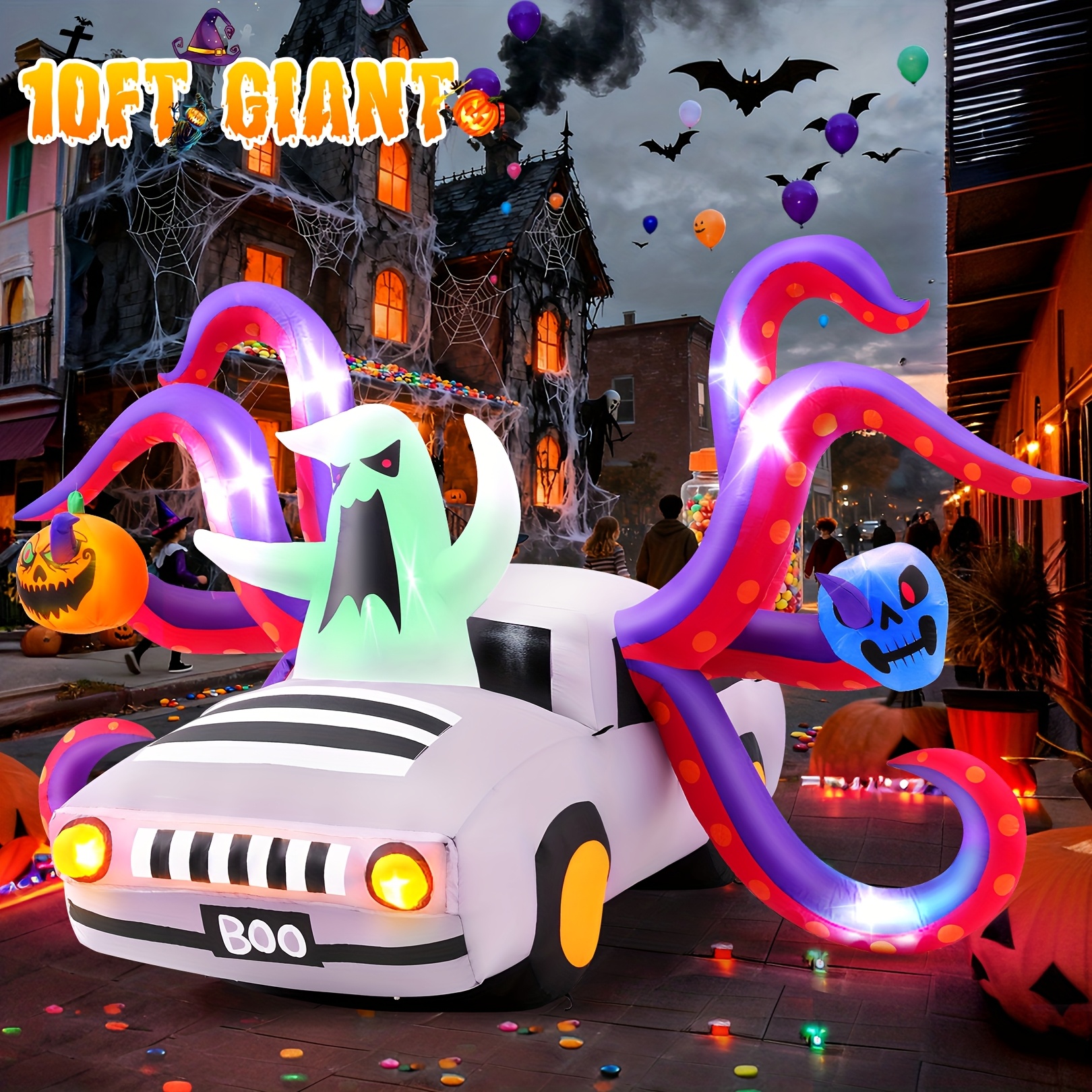 TEMU 10ft Halloween Inflatable On The Car Led Lights Outdoor Decoration With Giant Octopus , Glowing Pumpkin & Skeleton, Blow Up Lighted Indoor Yard