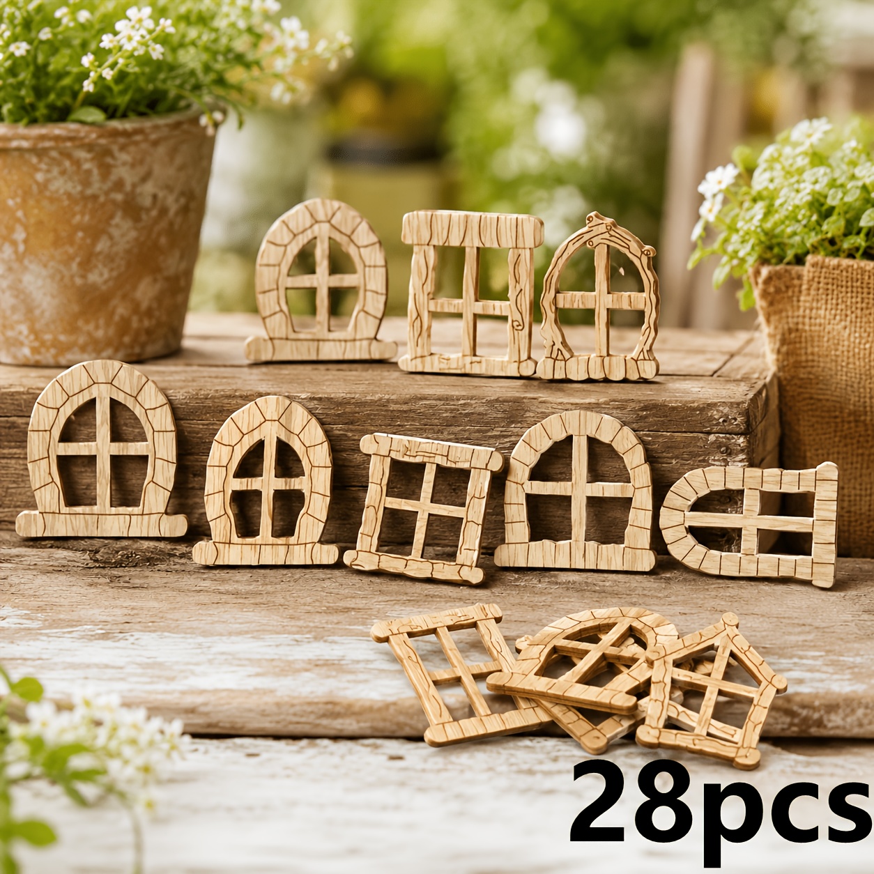 TEMU 28pcs Wooden Vintage Hollow Windows Door Window Decorations, Handmade Crafts, Miniature Garden Wooden Ornaments Festive Party Decor, Home Wall