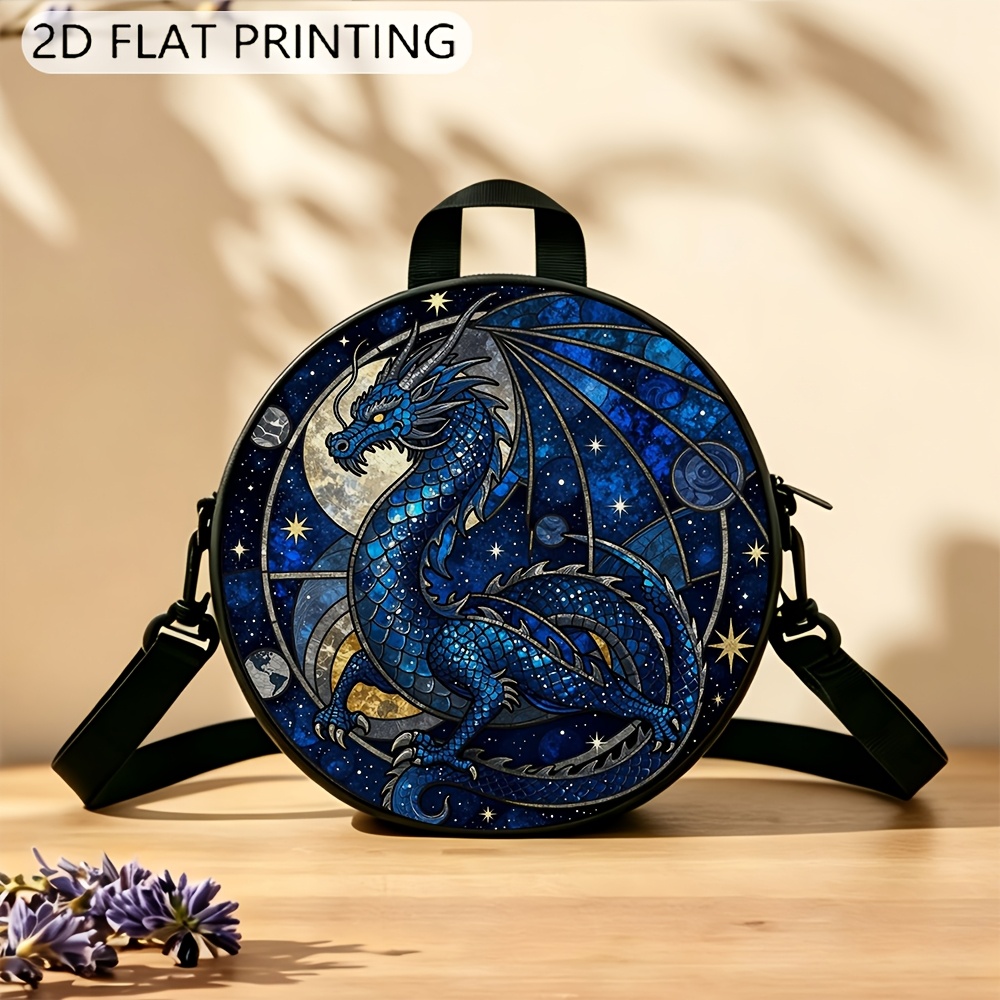 TEMU 1pc 2d Printed Round Shoulder Bag, Blue Dragon Stained Glass, Women's Adjustable Shoulder Strap With Zipper And Top Handle, Suitable For Daily