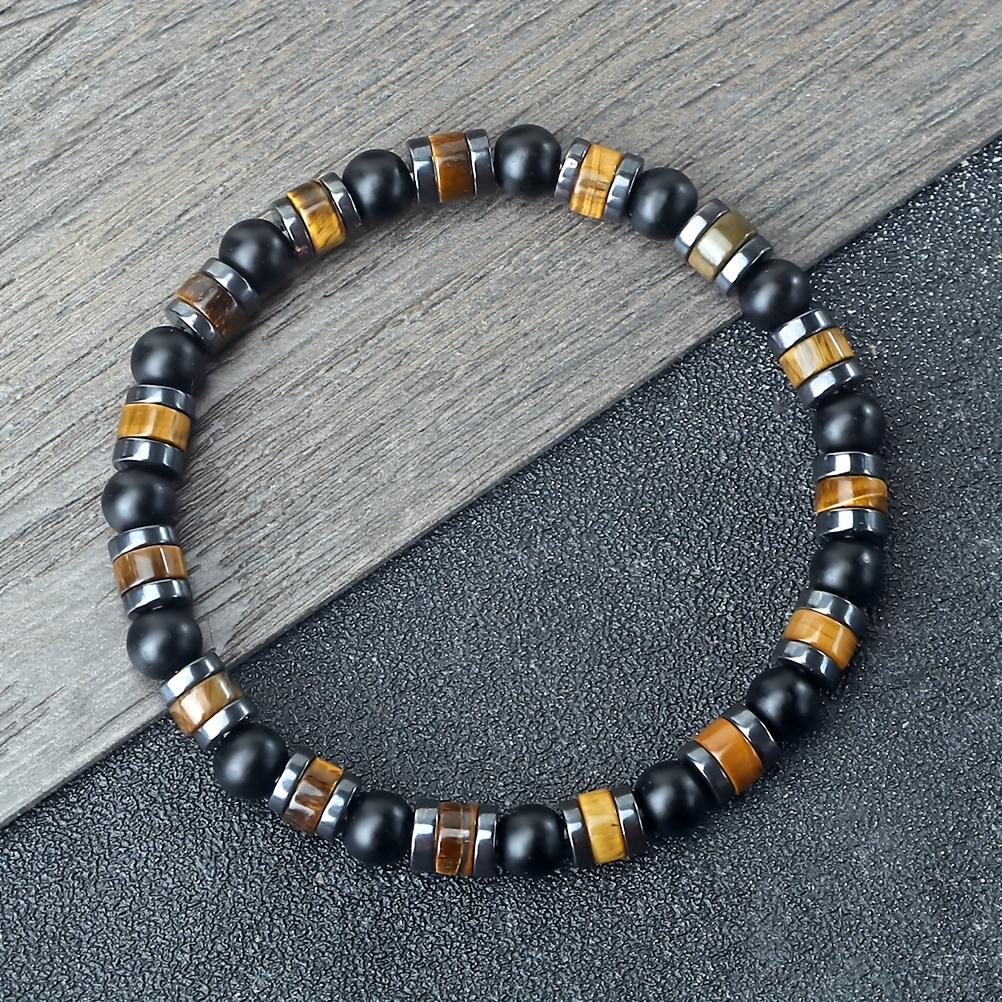 TEMU 1pc Of Stone Bracelet With Mixed Color Spacer Design Elastic Black Bracelet For Men And Women Simple Temperament Jewelry Accessory