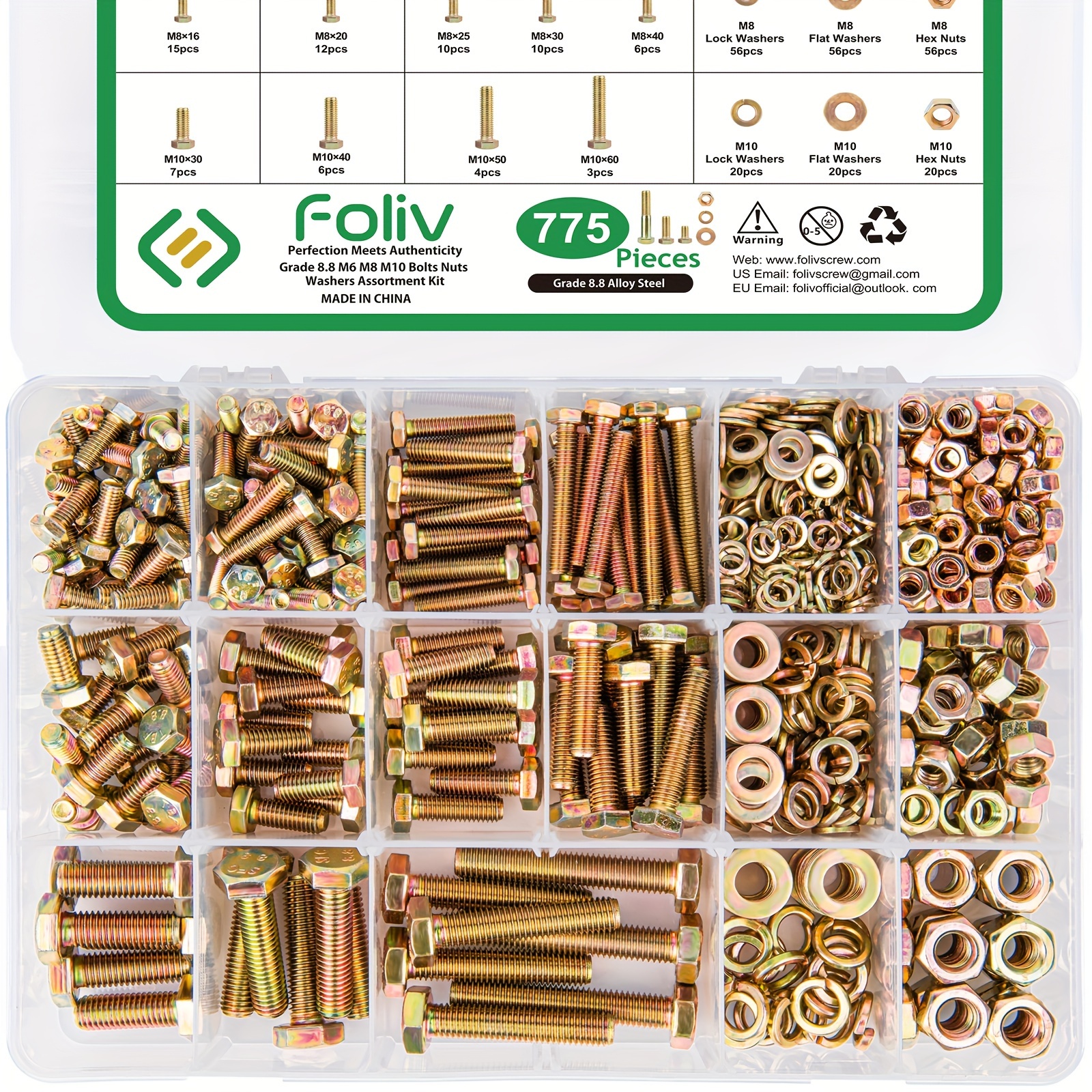 

775pcs Grade 8.8 M6 M8 M10 Bolts And Nuts Assortment Kit, Heavy Duty Metric Hex Bolts Nuts Washers Kit, 16 Common Sizes Included