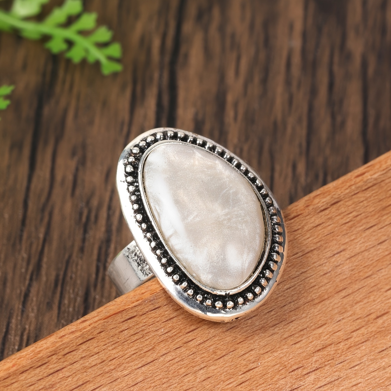 Image of Alloy Ring Inlaid With Resin Retro Bohemian White Men And Women's Silvery Ring Oval Classic Old Fashion Wave