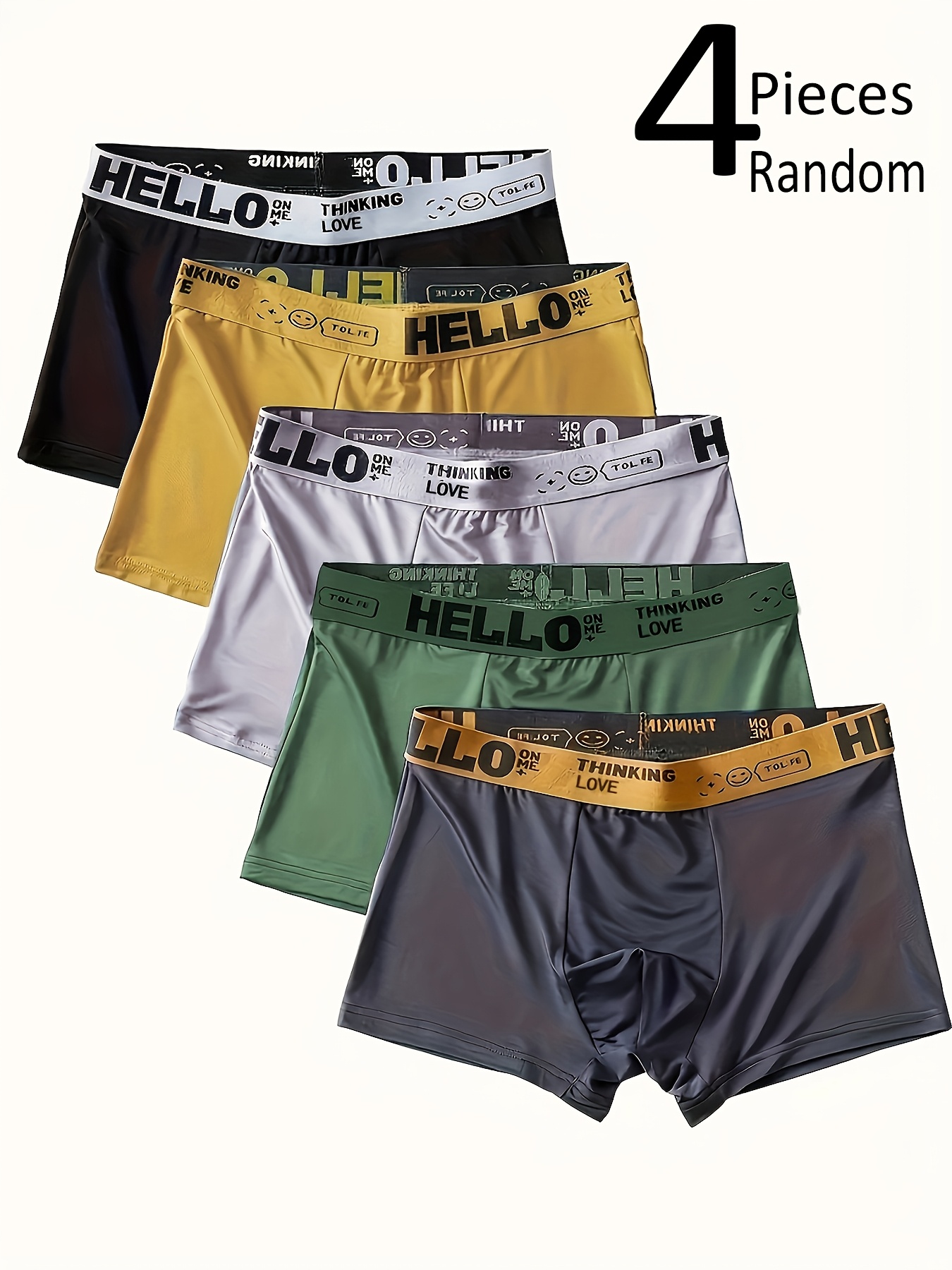 random 4pcs mens hello briefs mens square pants soft and comfortable hello letter print waistband   very suitable for daily wear or outdoor leisure sports