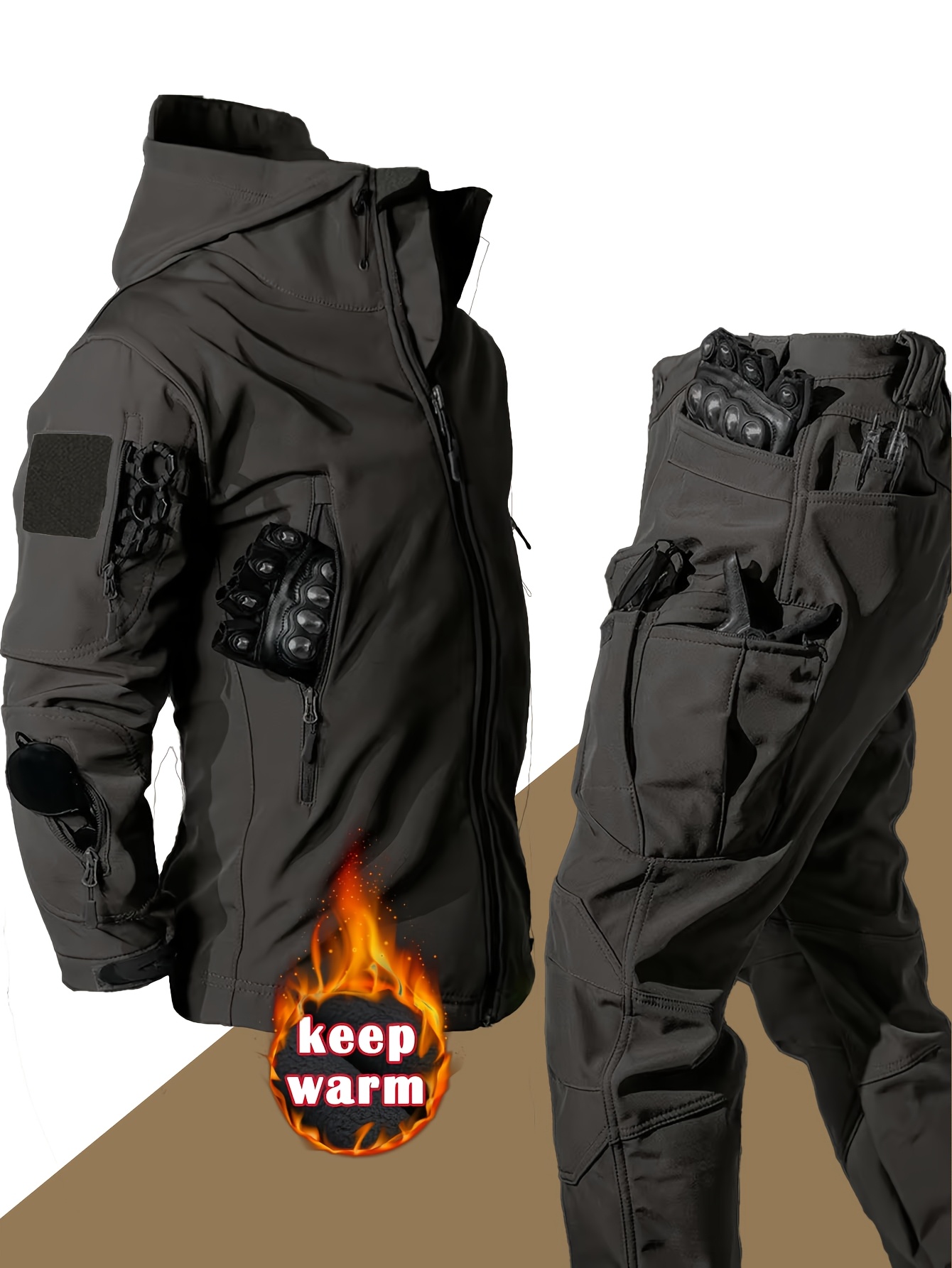 Men's Warm Tactical 2pcs Set, Softshell Jacket & Cargo Pants