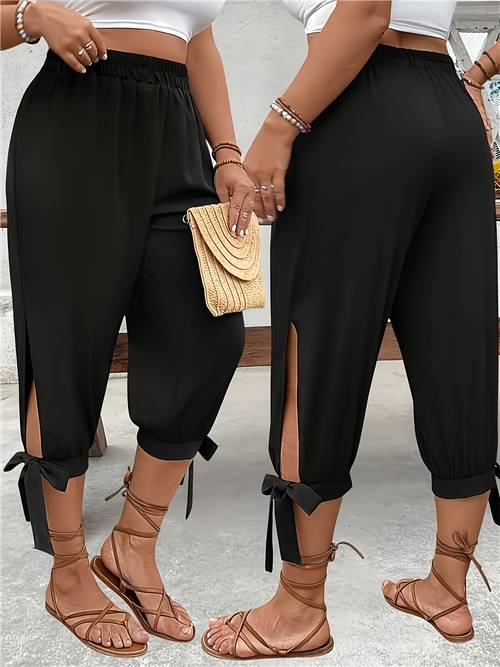 plus size womens plus size black beach capri pants elastic high waist wide harem trousers with tie cuff lightweight breathable loose fit suitable for vacations summer outfits