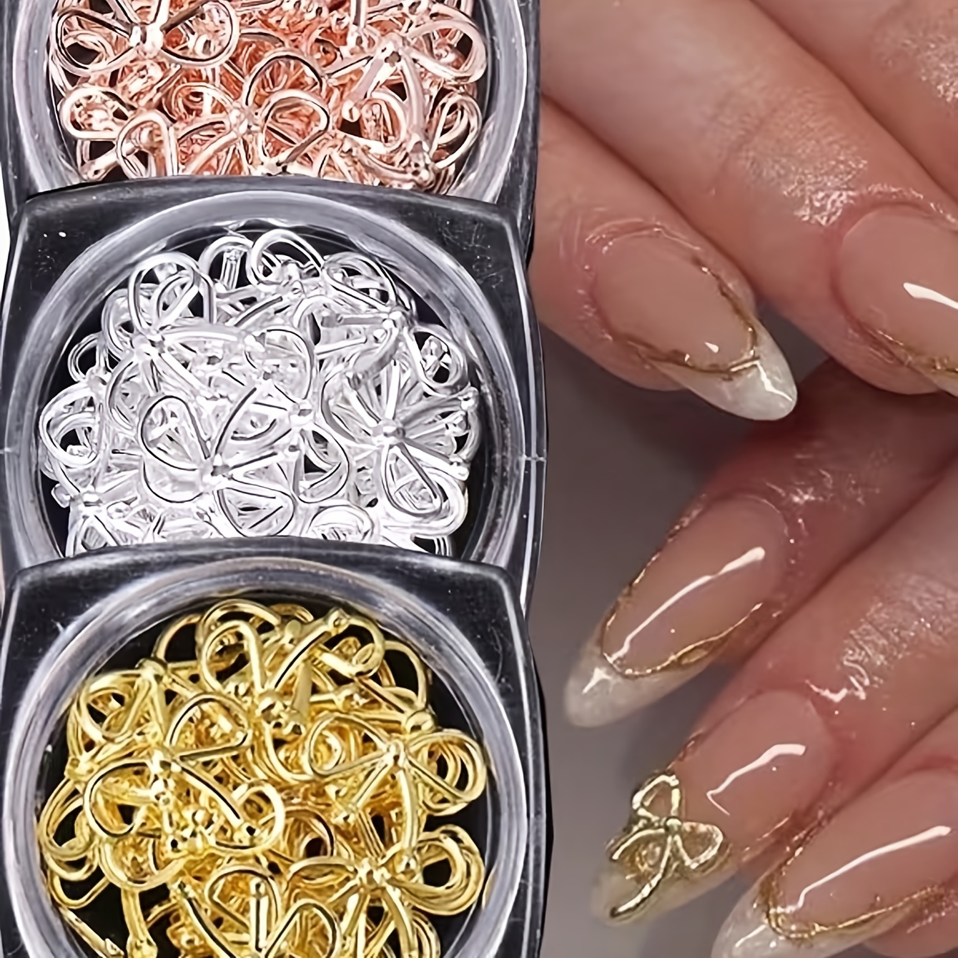 Metal Willow Nail Art Decorations, Rose Gold & Silver Bow Designs