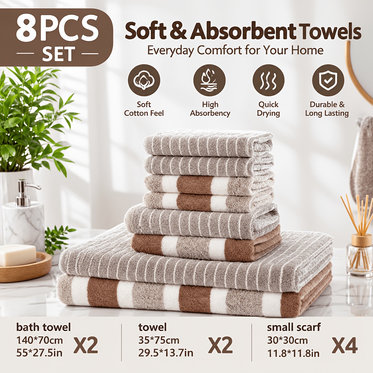 TEMU 8pcs Set, Super Absorbent Bath Towels, , Striped Bath Towel Combination, High- Bathroom Towel Set, Including 2 Bath Towels, 2 Hand Towels, 4