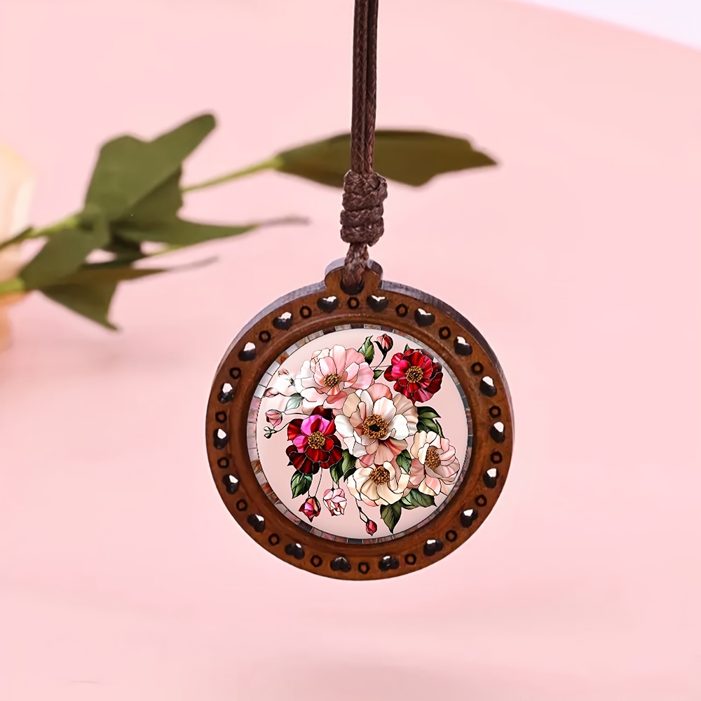 Wood Bead Necklace with Pink Red Flower