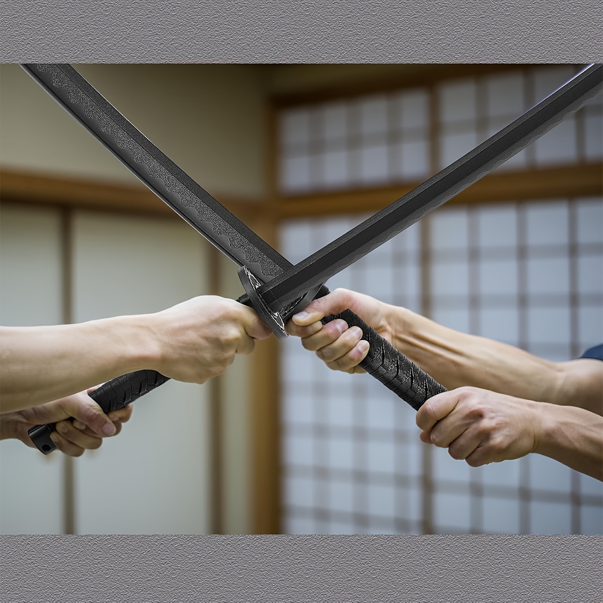 Two pairs of hands holding samurai taining swords in a traditional Japanese setting.