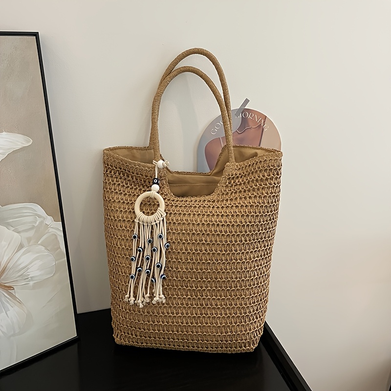 E-shop Modische Urlaubsstil-Gewebte Tasche, Große Kapazität Tragetasche, Mit Bösem Quaste, Für Strand, Reisen Geschenke