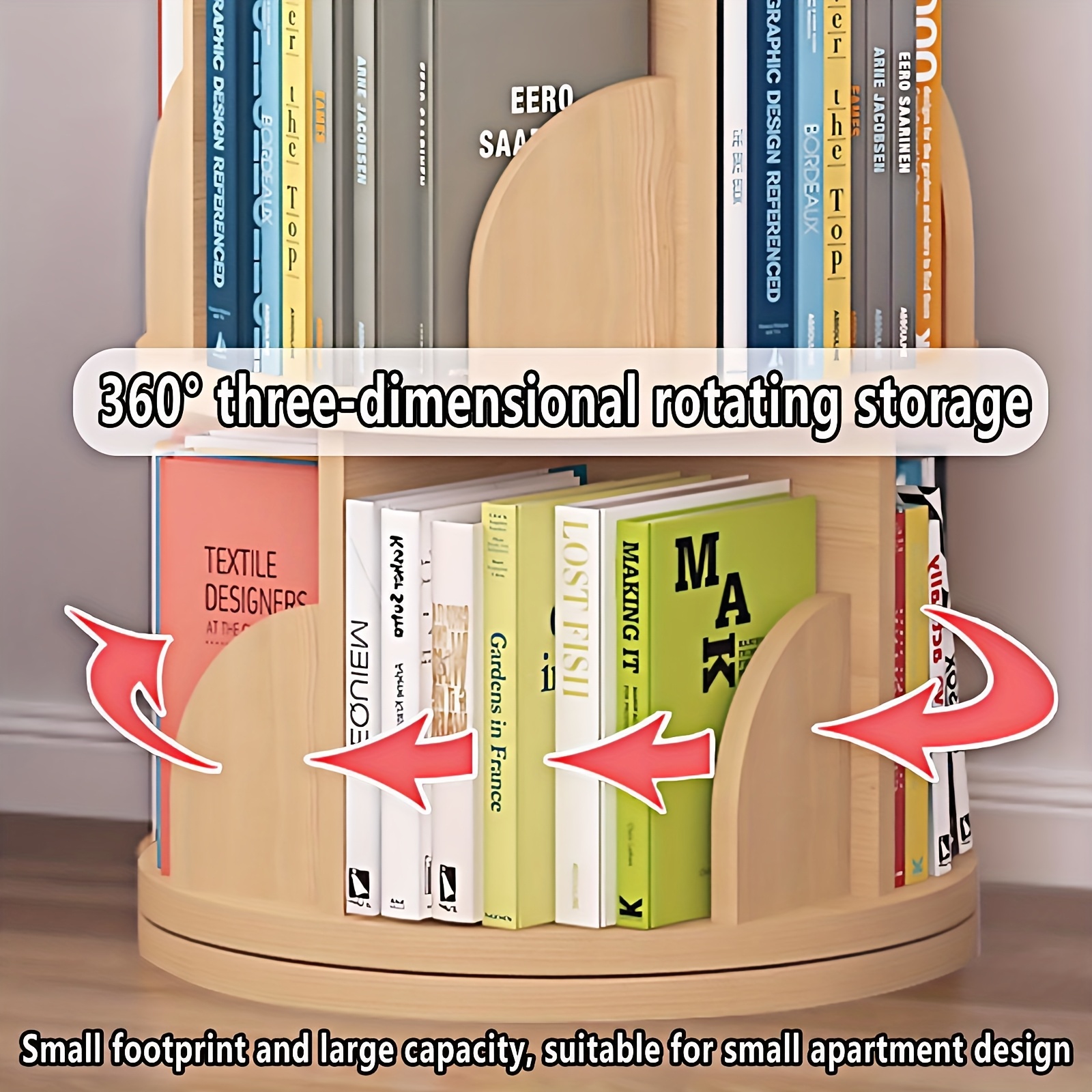 360° Rotating Wooden Book Tower, Spinning Bookshelf with 4/5 Tiers for Office, Living Room, And Room