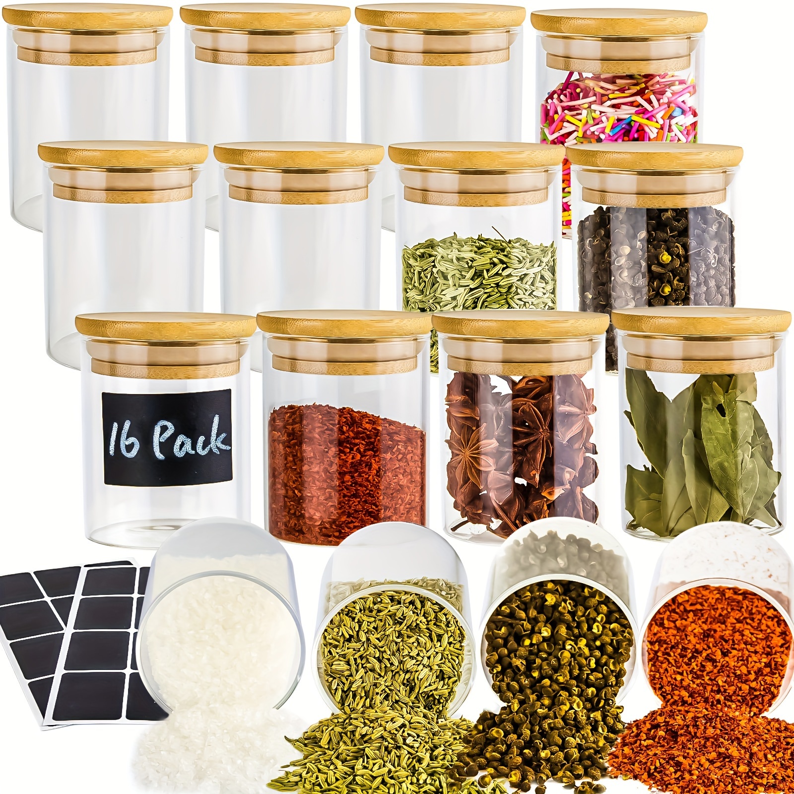 

16pcs Glass Jars With Bamboo Lids, Spice Jars Set, Dry Food Canisters For Spice, Beans, Candy, Nuts,