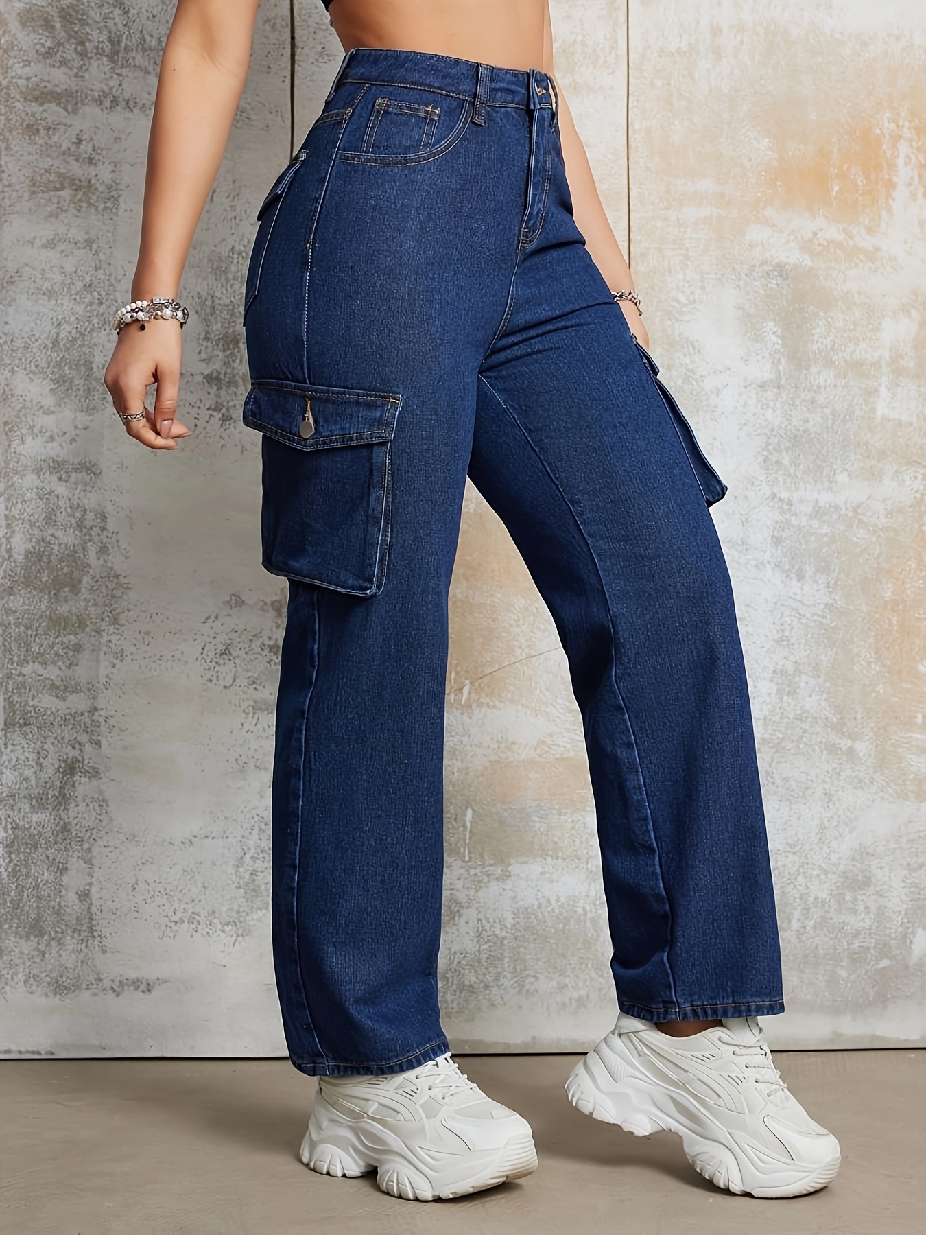 Flap Pockets Casual Cargo Pants, Loose Fit High Waist Y2K & Kpop Style  Straight Jeans, Women's Denim Jeans & Clothing
