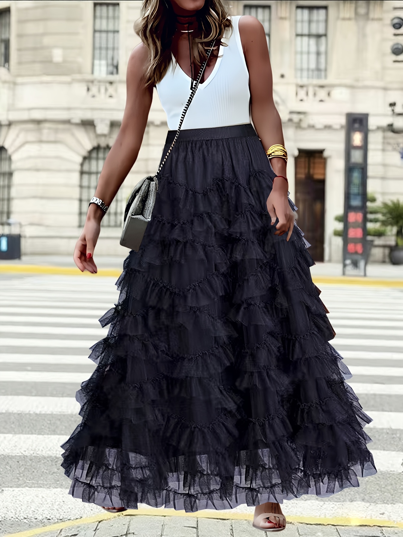 womens elegant high waisted maxi skirt flared layers flowy Temu