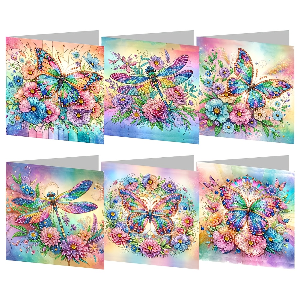 TEMU A Set Of 6 Diamond Painting Greeting Cards With Envelopes, Featuring 5d Dragonfly, , And Flower Designs, Crystal Art, Suitable For Christmas,