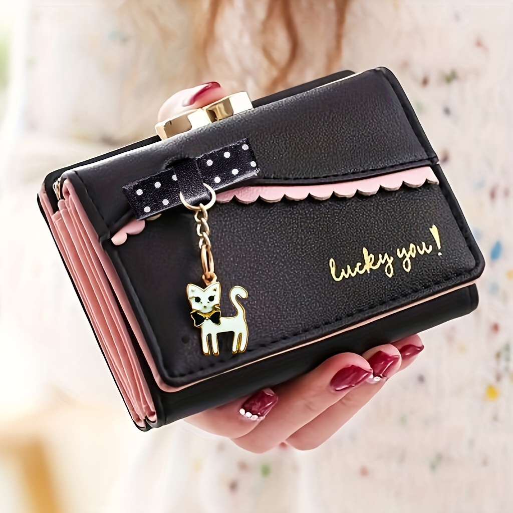 

Trendy Short Coin Purse, Bowknot Decor Clutch Wallet With Kiss-lock, Portable Purse With Cat Pendant