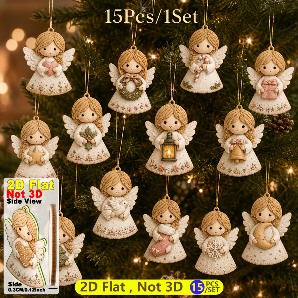 TEMU 2Dflat 2D 15 piezas de adornos colgantes de madera de ángel de múltiples estilos, para sujetar calcetines, sujetar pájaros pequeños, sujetar