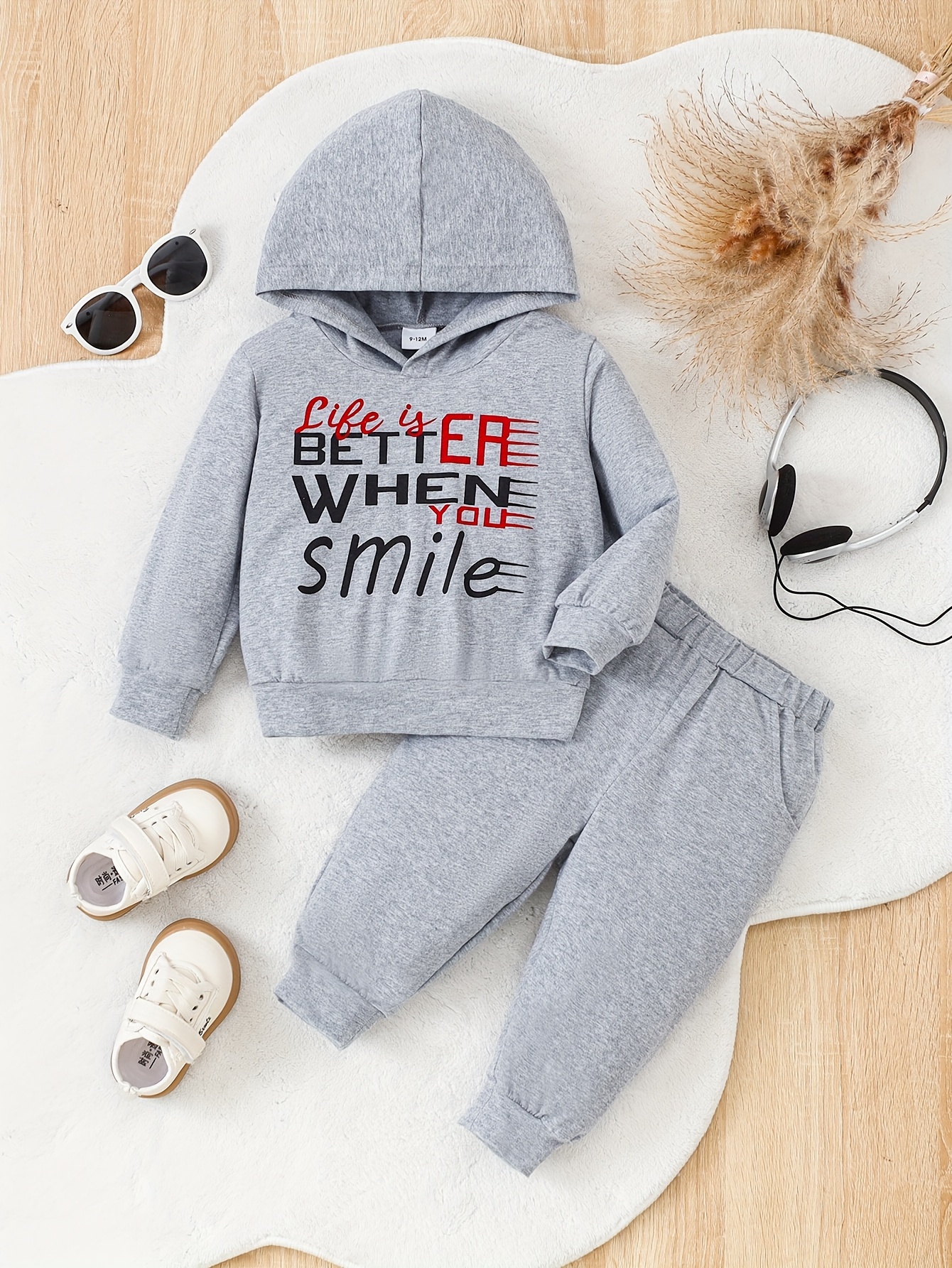 2pcs Baby Boy Outfit - Soft Grey Hooded Romper & Pants Set with "BORN to SMILE" Letter Print, Long Sleeve Jumpsuit & Matching Pants, Easy Diaper change, Newborn Photoshoot Outfit for Everyday & Special Occasions - Infant Clothing Set, Babyboy Clothes, Easy Diaper Change Outfit, Cozy Infant Wear, Simple Design, Comfortable Material, Breathable Fabric, New Parents, Perfect for Outdoor