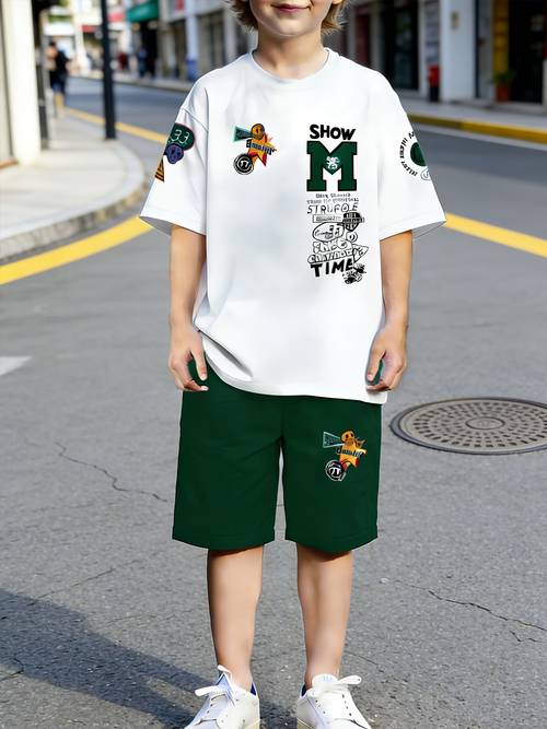 boys 3d short sleeved shorts set fashionable and trendy round neck t shirt casual summer lightweight and comfortable sports shirt 2pcs set very suitable for outdoor and daily wear