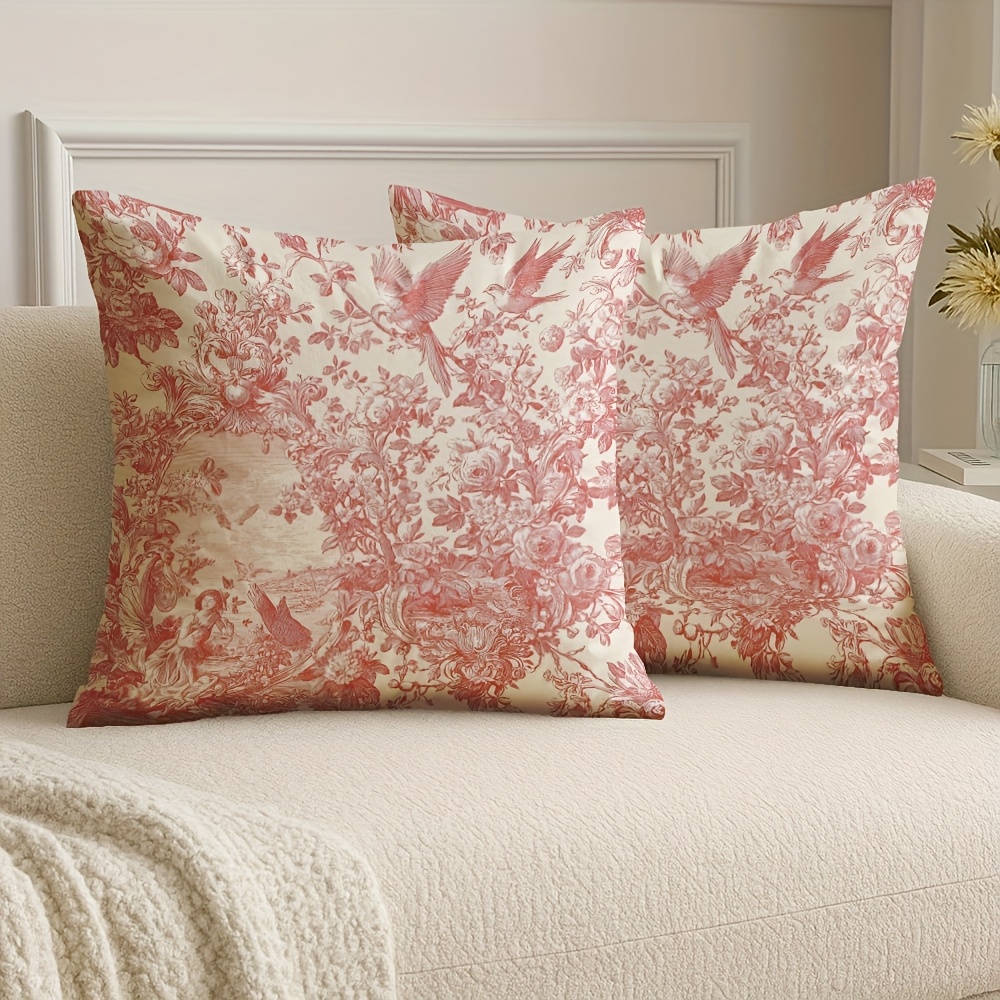 TEMU Pink And Cream French Toile Cushion Cover - Pillowcase Suitable For Sofa Bed, Double-sided Zipper Closure Cover Only (no Insert), Machine