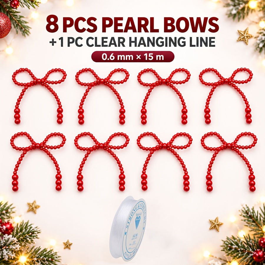 TEMU Lot de 8 perles nœuds en perles rouges nacrées avec nœuds - Brillantes, adaptées pour sapin de Noël, couronne, décorations de cheminée, mariage,