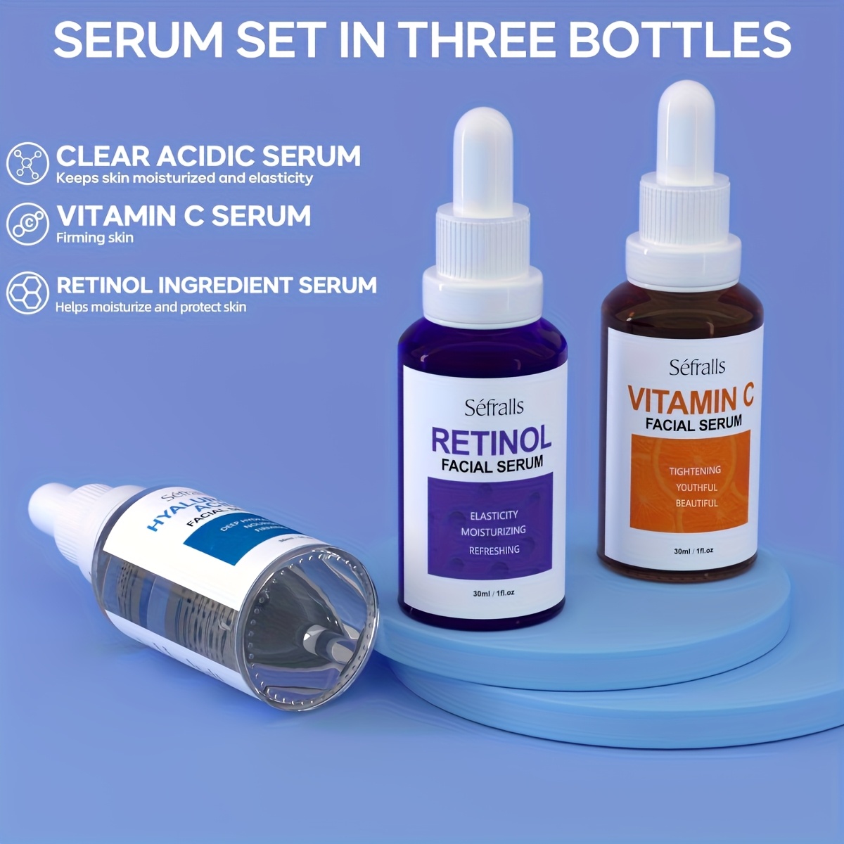 Set Sefralls Hyaluronic Acid VC Retinol Essence 30ml*3pcs s vitaminom C i serumom s hidroksidom hialuronske kiseline za sjaj, učvršćivanje i hidrataciju suhe kože, serum za učvršćivanje, poklon, festival, putovanje