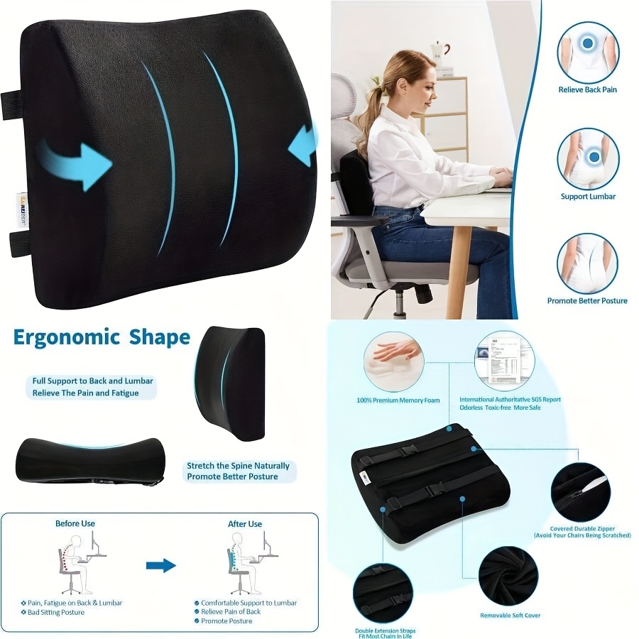comfortable office chair lumbar support pillow back cushion suitable for car gaming chairs home use relief posture   dual adjustable straps black Product details 1
