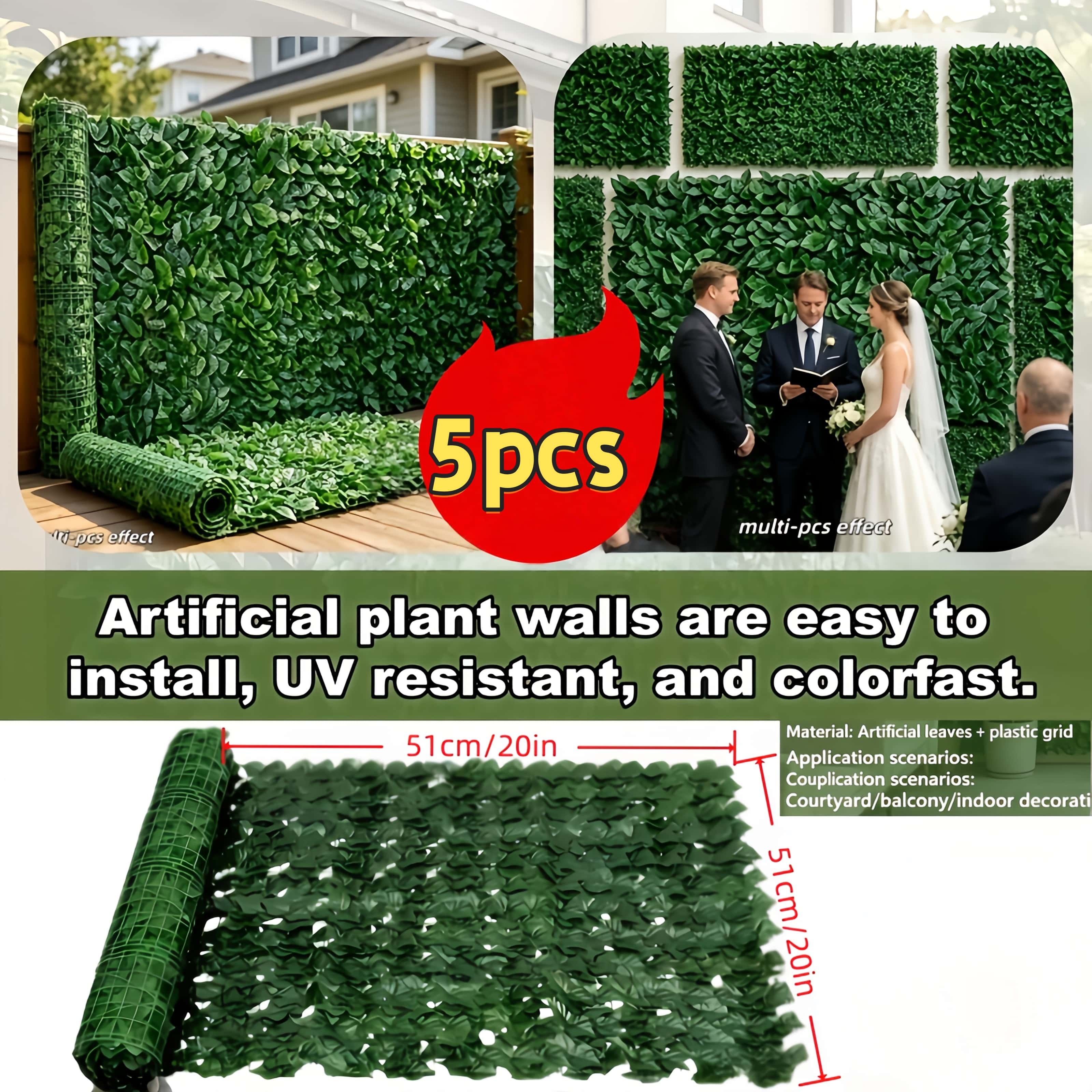 TEMU 5pcs Set Of Artificial Green Foliage Fence Panels, Total Length 255cm, Made Of Weather-resistant Plastic. Outdoor Privacy Decorative Wall Blocks