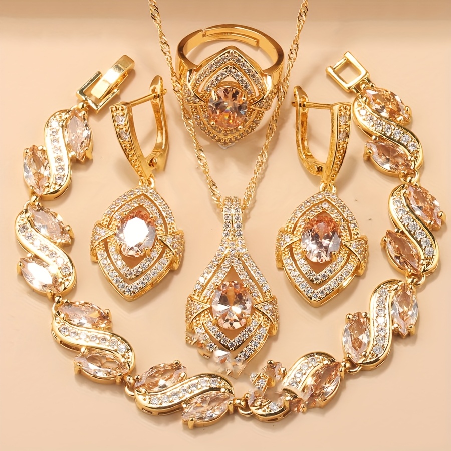 TEMU Juego de Joyería de Lujo de Medio, Bañado en Oro de 18K, Elegantes Accesorios de Moda para Novias con Zirconia Sintética, Pendientes, Collar,