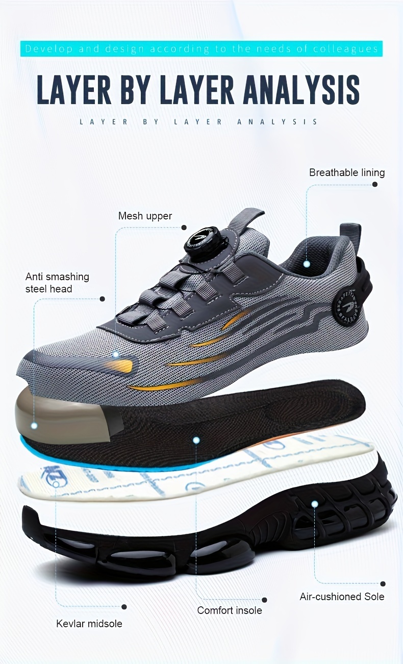 Men's Anti-Smashing Anti-Puncture Safety Work Shoes - Breathable Lace-Free Elastic Closure, Soft PU Sole with Metal Toe Cap, Retro Striped Design for Hiking, Outdoor & Daily Wear, Hiking Boots