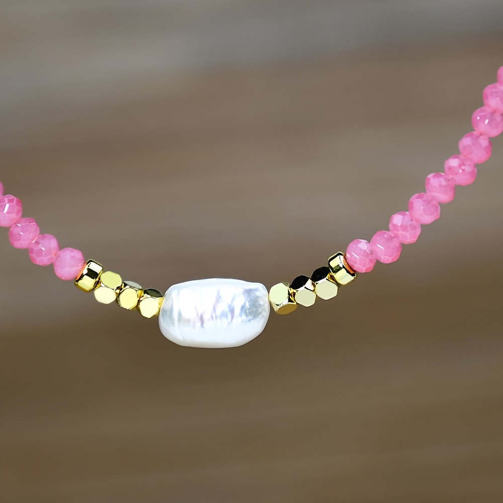 Boho Pink & Freshwater Pearl Necklace with Golden Spacers