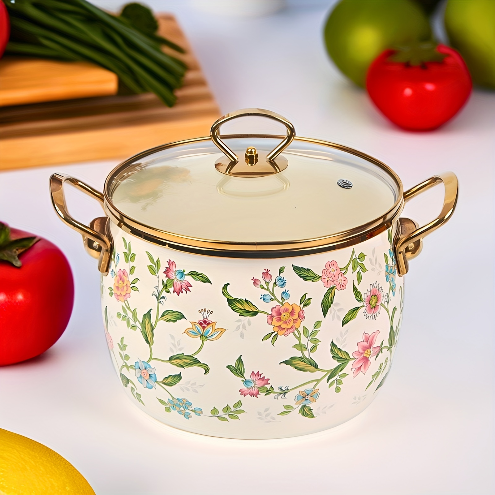 enamel saucepan with glass lid   non stick dishwasher safe large capacity golden handle kitchen cookware double handle soup pot details 9