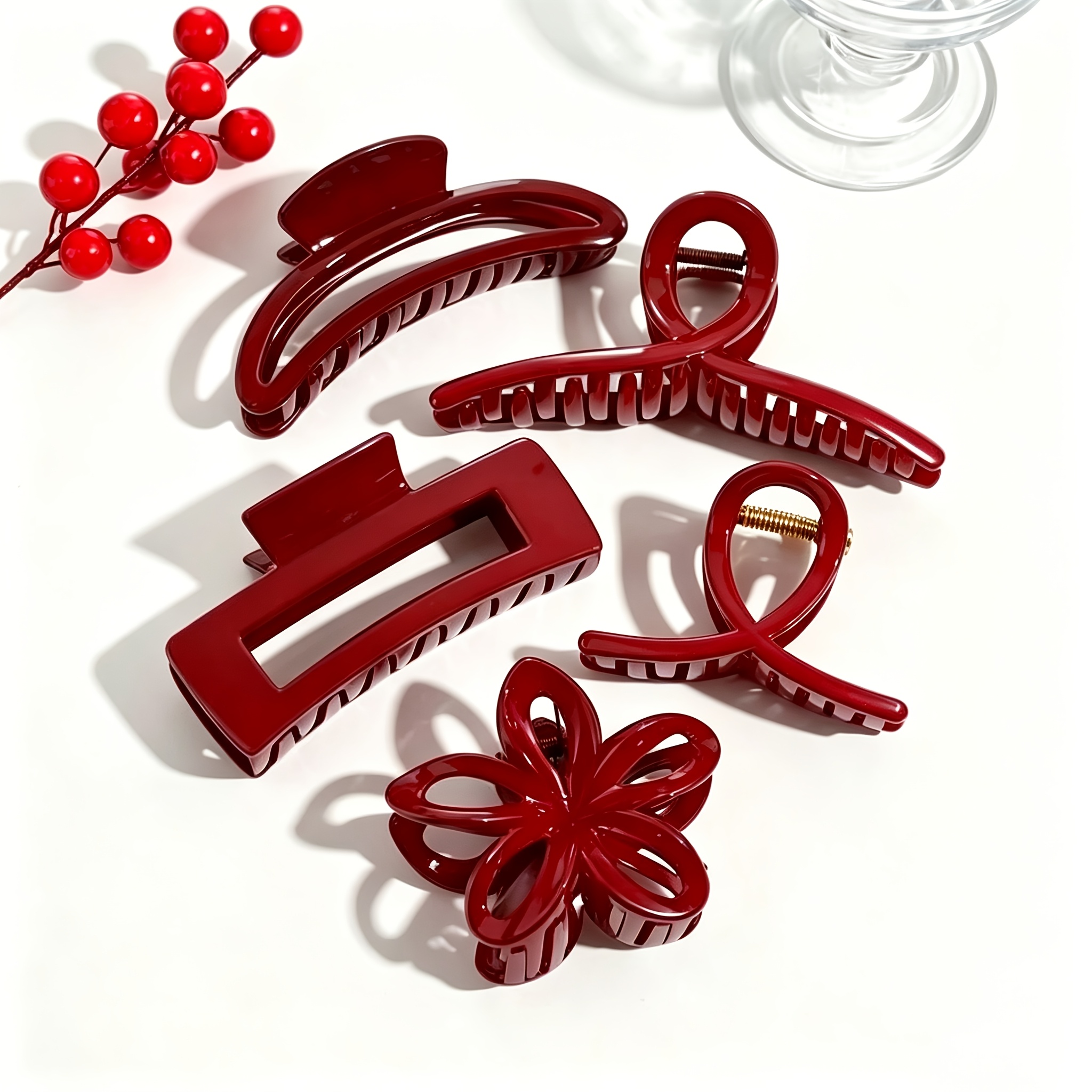 TEMU 5pcs Women's Large Size Elegant Fashion Red Bow Shark Clip, Wave Heart Hair Clip, Suitable For Daily Wear Commuting Versatile Hair Additions